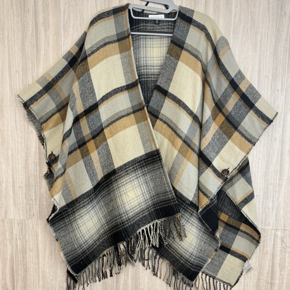 Charter Club Topper Wrap Poncho Women's One Size Kimono Multi Plaid Neutral NWOT